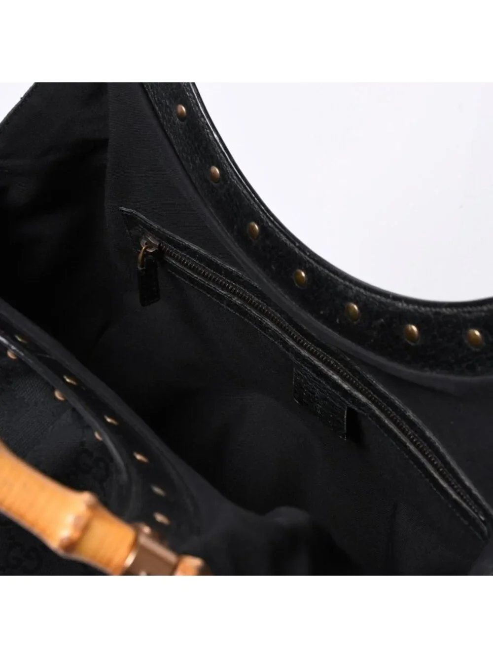 Gucci Bamboo Hand Bag Leather GG Canvas Black Brown